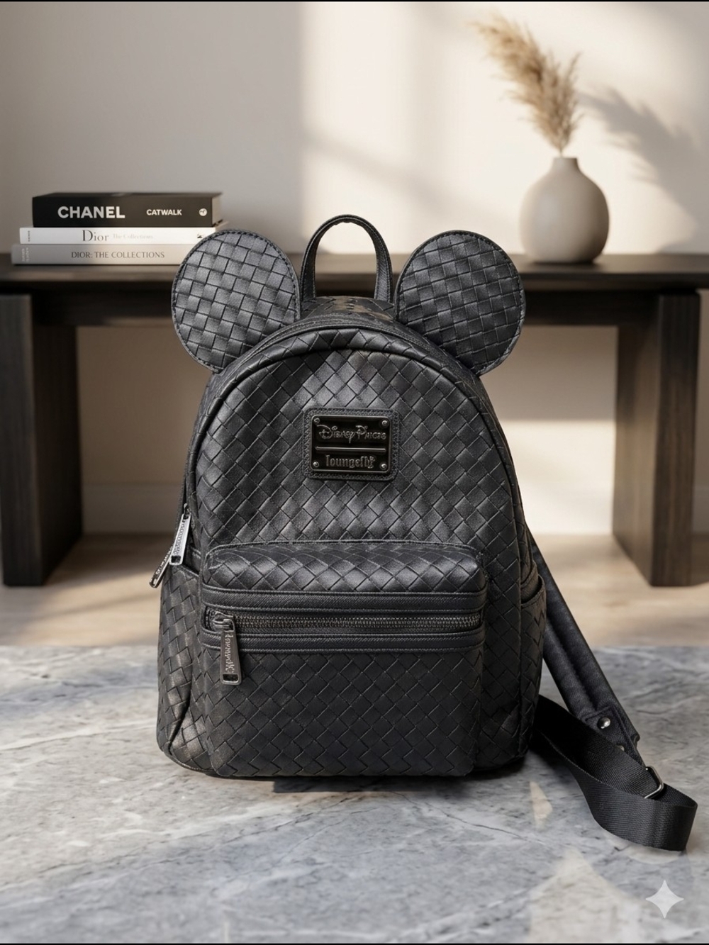 Loungefly Disney Parks Black Woven Faux Leather Minnie Ears Mini Backpack - NWOT
